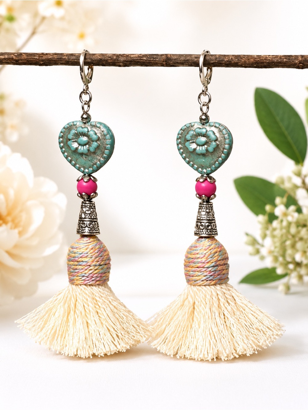 Turquoise Heart Earrings | Silver Patina Floral | Cotton Tassel | 2.5” Dangle